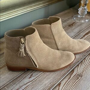 Kate Spade Tan Suede Ankle Booties with Tassel Zipper